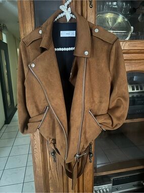Mango Cognac Brown Faux Suede-Look Moto Jacket